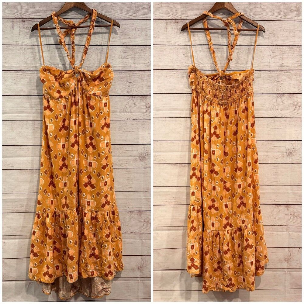 Aerie Low Halter Maxi Sundress Size XL Linen Blend Yellow Boho Print Vacation